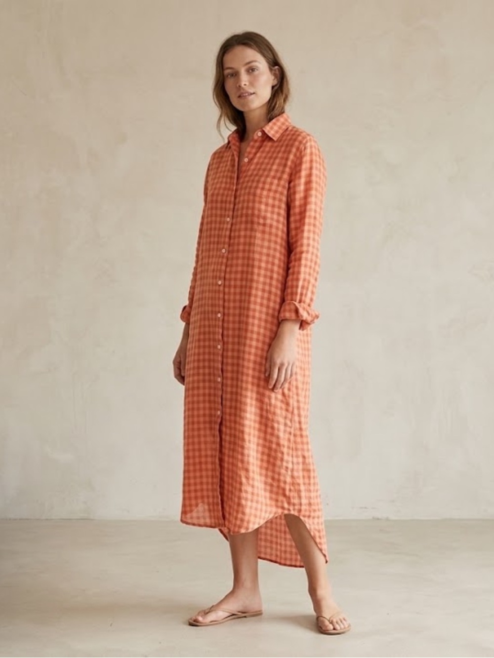Emily Phillips Girlfriend Button Down Midi Shirt Dress Orange Plaid
